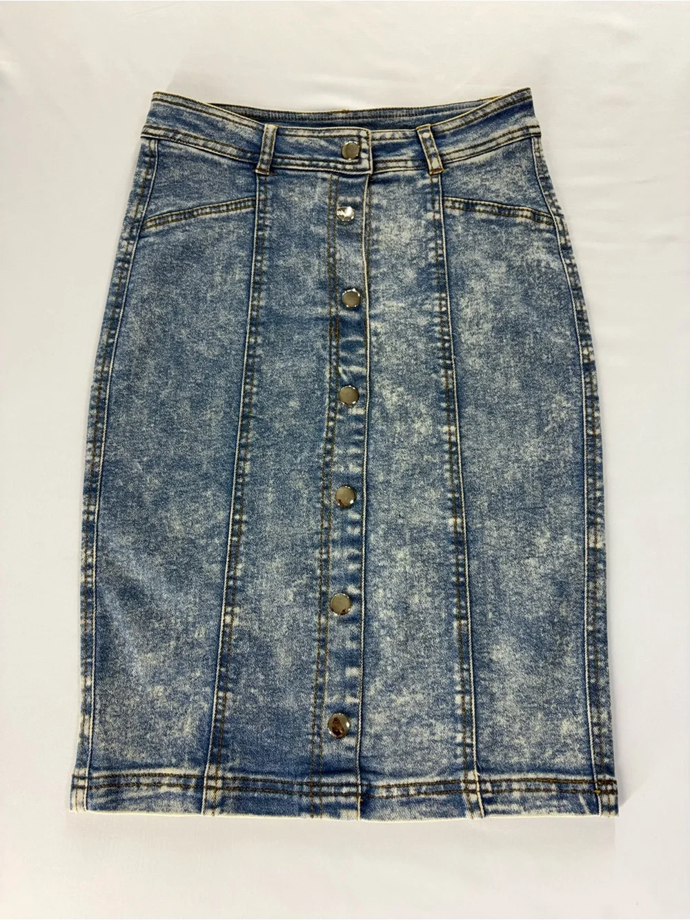 Marilyn Monroe Button Front Denim Pencil Skirt XS Acid Wash Stretch - Picture 2 of 9